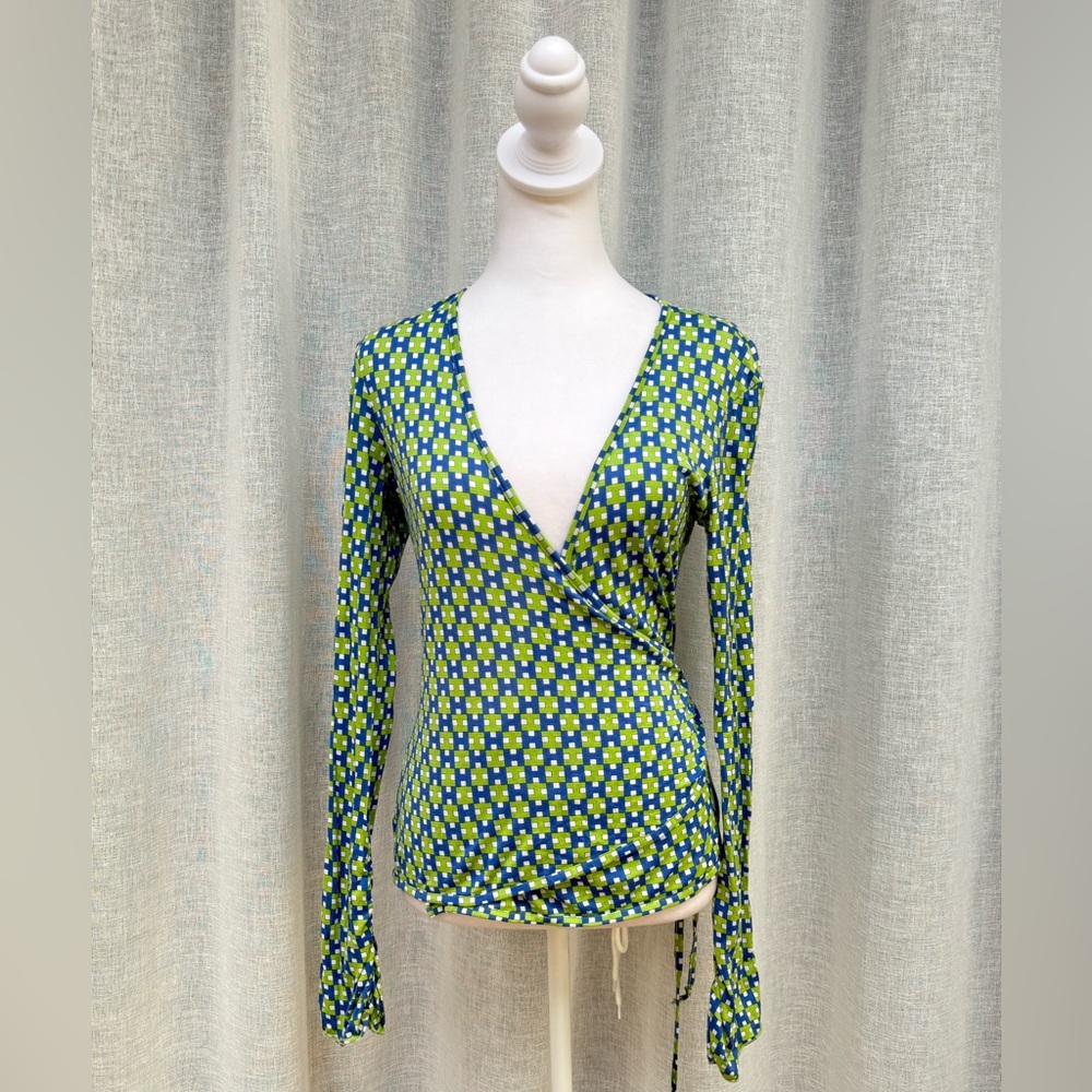 Herion Italy stretch cotton blue and green wrapped long sleeve top